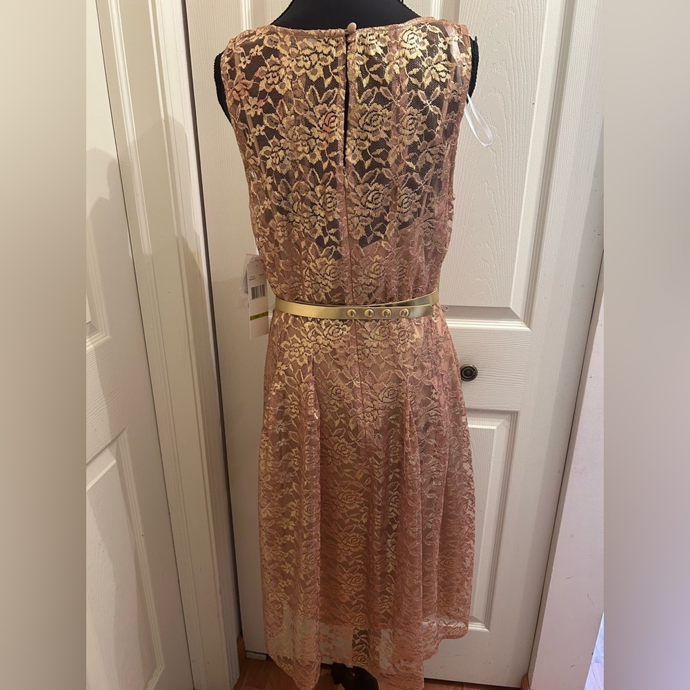 Chetta B Elegant Gold Lace Sleeveless Dress with Belt, Size 14 - Picture 9 of 9